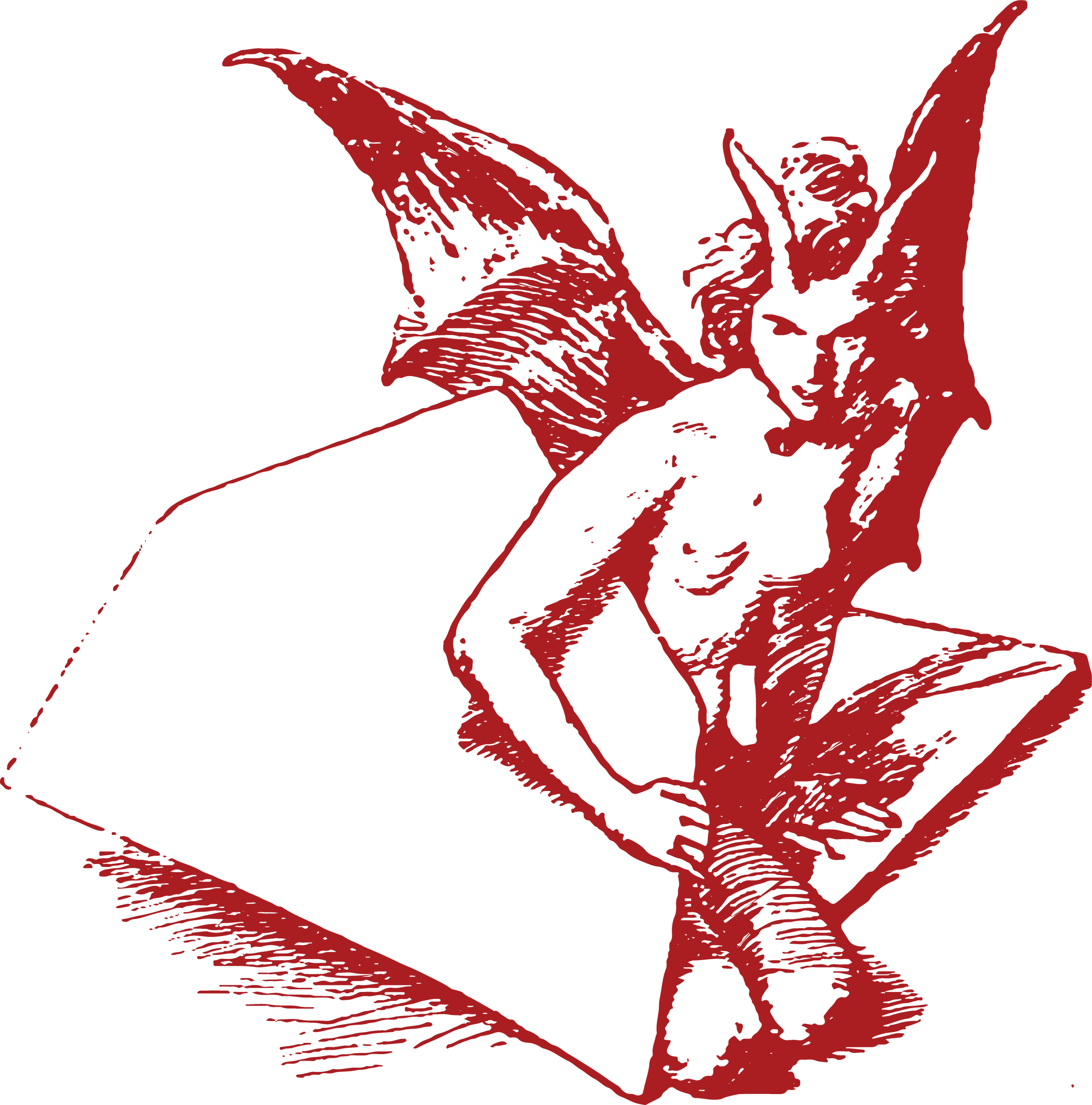 A red vintage drawing of a feminine imp with horns and bat wings sitting beneath an open envelope. 