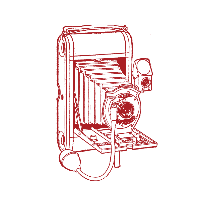 A red vintage drawing of an old-timey camera.