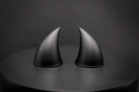 Front view of imp devil horns in black with a matte finish.